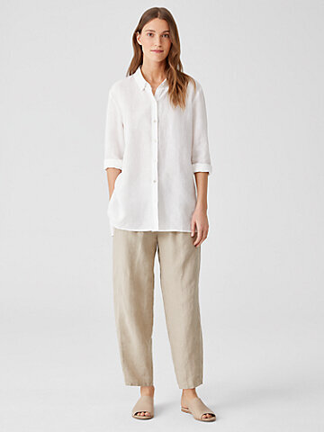 Ethically Made Workwear for Women: EILEEN FISHER's white linen button down and tan linen pants