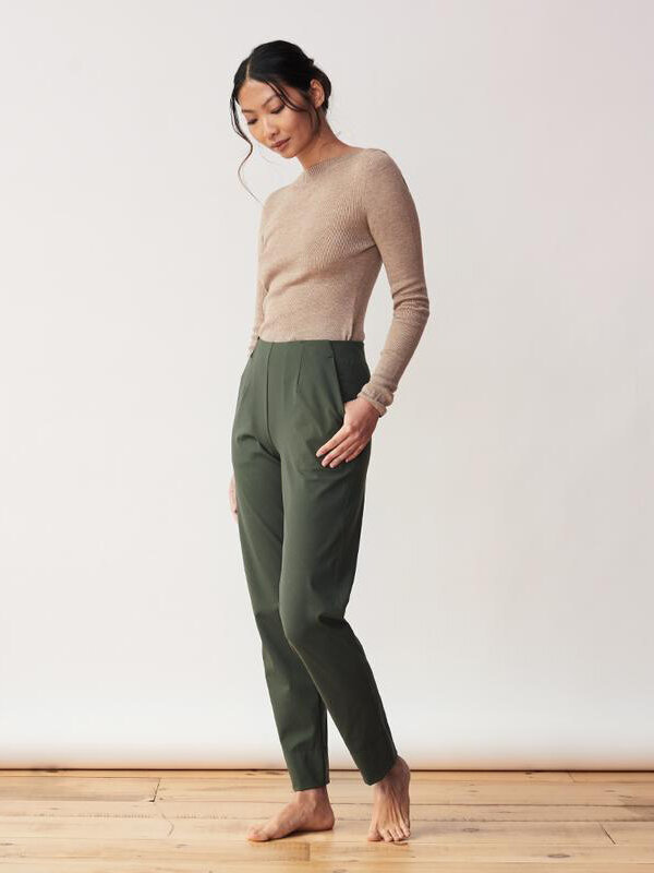 Ethically Made Workwear for Women: ADAY taupe brown top and olive green trousers