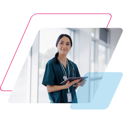 image of a person wearing scrubs looking at a tablet. Masked by a parallelogram
