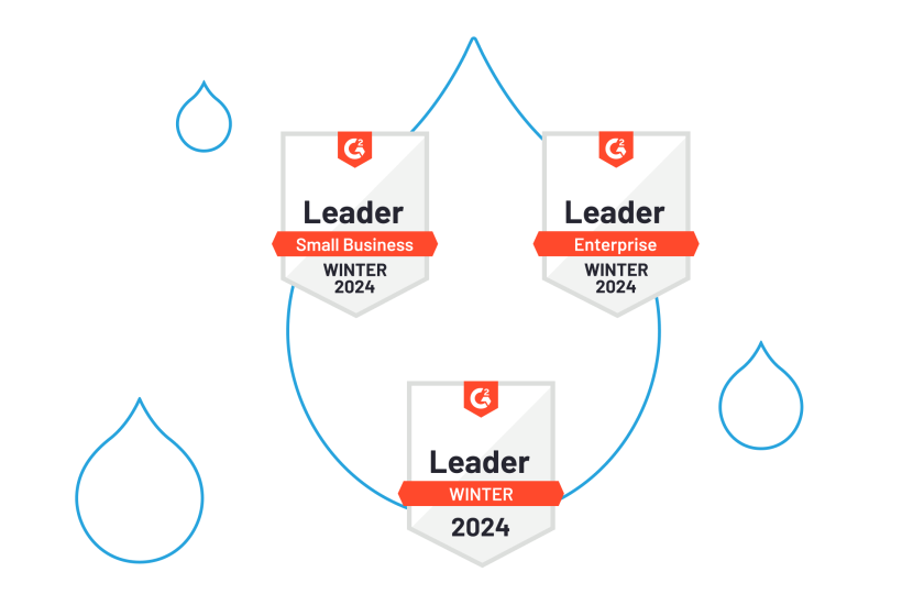G2 award badges for mid market, summer, and enterprise leaders for 2024 Winter surrounded by blue acquia drop outlines
